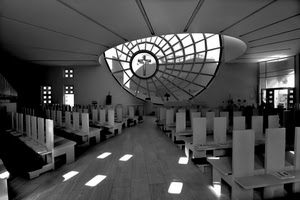 chiesa, croce, sedie, bianconero, luce, bianco, ombre, banchi, crocifisso, interno