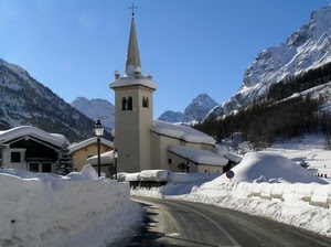 neve, strada, chiesa, montagna, campanile, inverno, montagne, bianco