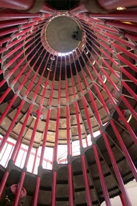scale, rosso, scala, chiocciola, gradini, prospettiva, spirale, tubi, luci