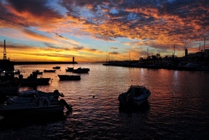 tramonto, mare, barche, nuvole, porto, arancio
