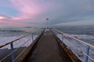 mare, molo, onde, nuvole, pontile, cielo, acqua, ringhiera, spiaggia, lampione, prospettiva