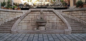 fontana, gradini, scalini, vasi, scale, pietre, scalinata, pietra, piante, mattoni, scala, simmetria, sedie
