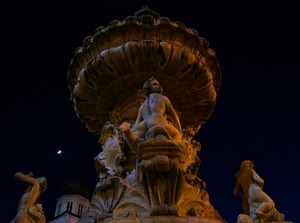 fontana, statue, notte, luna, sculture, marmo, notturno, nero, cielo, pietra, campanile, palazzo, statua