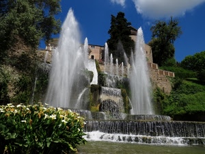 alberi, fontana, fiori, acqua, verde, cielo, zampilli, getti, fontane, azzurro, calle, cascate, villa, bianco, piante, foglie, giardino, nuvole, cascata