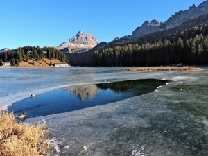 lago, alberi, riflesso, ghiaccio, montagna, acqua, cielo, bosco, verde, inverno, riflessi, montagne, azzurro, cime, vette, dolomiti