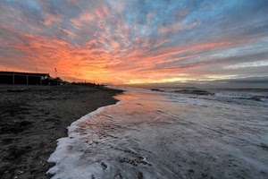mare, spiaggia, tramonto, onde, nuvole, cielo, acqua, rosso, schiuma