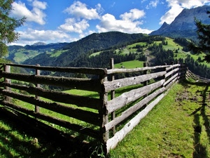 alberi, staccionata, nuvole, legno, verde, cielo, montagne, prato, montagna, erba, prati, bianco, boschi, recinzione, natura, azzurro, ombre
