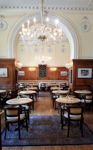 lampadario, sedie, quadri, tappeto, arco, tavolini, bar, ristorante, luci, tavoli, sala, locale, lampadine, caffè, sale