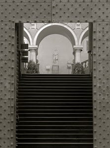 colonne, archi, statua, scala, porta, scalini, piante, borchie, arco, ingresso, capitelli, gradini, vasi, metallo, scalinata, museo, bianco, grigio, portone, bianconero
