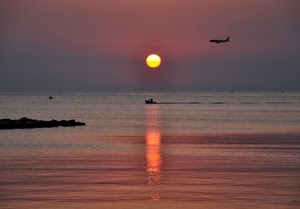mare, tramonto, sole, barca, aereo, acqua, alba, scogli, riflesso