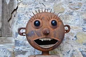denti, bocca, occhi, ruggine, muro, naso, ferro, pupazzo, orecchie, scultura, faccia, ciglia, capelli, porta, metallo