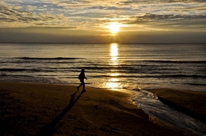 mare, tramonto, spiaggia, sole, ombra, sabbia, alba, controluce, persona
