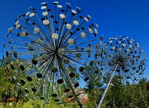 alberi, verde, sfere, azzurro, cielo, ferro, cerchi, scultura, metallo, raggi