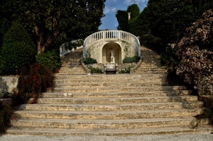 scalinata, statua, alberi, scala, gradini, parco, balaustra, fiori, cielo