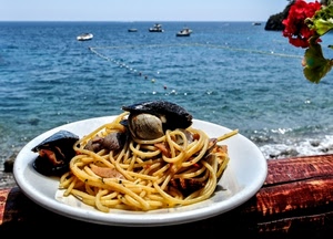 spaghetti, mare, piatto, barche, cozze, vongole, acqua, fiore, primo, cielo, cibo, fiori