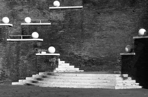 palle, scale, gradini, sfere, bianconero, mattoni, muro, scalinata, scala, bianco, scalini, nero, palazzo, pietra