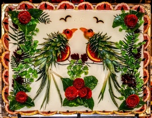 torta, frutta, verde, cibo, uccelli, rose, decorazioni, rosso, dolce, fiori, arance