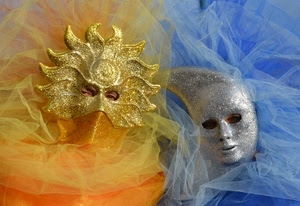 maschere, oro, sole, azzurro, luna, argento, giallo, carnevale, due, occhi, tulle, veli, velo, arancione, celeste, maschera, venezia