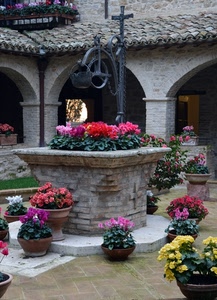 fiori, pozzo, vasi, chiostro, rosso, giallo, secchio, carrucola, archi, piante, tetto, colonne, mattoni, ciclamini, rosa, verde, portico, cortile, porticato, tegole, croce, catena
