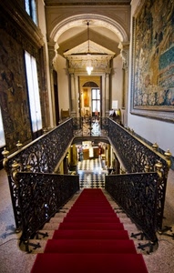 tappeto, scala, rosso, ringhiera, palazzo, scalinata, gradini, interno, ferro