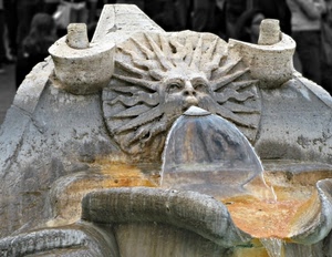 fontana, acqua, sole, raggi, pietra, bocca, naso, zampillo, occhi, marmo, scultura, vasca, mascherone, cemento