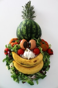 banane, frutta, pomodori, cocomero, composizione, uova, aglio, verdura