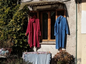 finestra, rosso, panni, accappatoi, blu, stendino, piante, vestiti, foglie, azzurro, verde, bucato, casa, alberi, pianta, vetro, fiori, appesi, finestre, due