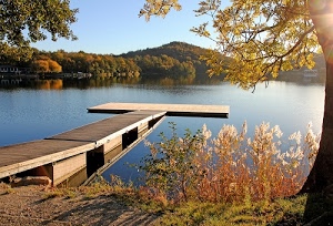 lago, alberi, pontile, autunno, legno, acqua, verde, colline, cielo, controluce, erba, piante, azzurro, riflessi, riflesso