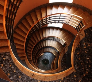 chiocciola, scala, spirale, gradini, ringhiera, scale, scalini, balaustra, marmo, corrimano, luce