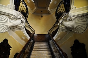 ringhiera, scale, gradini, scala, stucchi, liberty, scalini, conchiglie, giallo, lampadario, ringhiere, marmo, legno, corrimano, bianco, interno