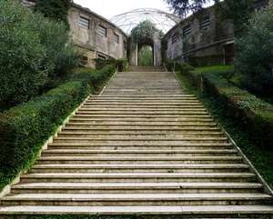scalinata, gradini, scala, siepe, salita, arco, siepi, porta, verde, alberi