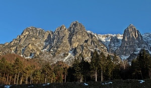 neve, alberi, cielo, montagne, cime, azzurro, montagna, vette, tronchi, roccia, bosco, verde, bianco, rocce, panorama