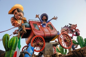 carnevale, carro, ruote, diligenza, cactus, rosso, personaggi, maschere