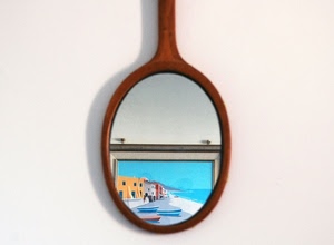 specchio, quadro, riflesso, barche, ovale, cornice, case, parete, azzurro, marina, mare, chiodi, muro, cielo, legno, manico, racchetta