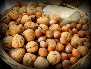 noci, nocciole, frutta, cesto, autunno, cestino, cibo, secca