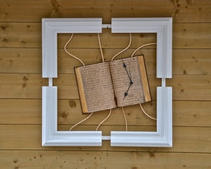 cornice, lancette, libro, legno, orologio, bianco, corde, assi, quadrato, nodi, parete
