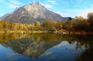 alberi, lago, nuvole, cielo, montagna, riflesso, riflessi, acqua, montagne, verde, azzurro, paesaggio, bianco, panorama, case