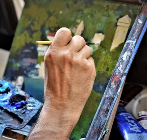 mano, pennello, pittore, colori, quadro, tela, verde, tavolozza, dipinto, dita, artista, arte, dipingere, tubetto