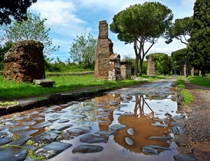 strada, alberi, acqua, rovine, riflesso, verde, cielo, pietre, pini, pozzanghera, riflessi, pozzanghere, nuvole, romana, ruderi, resti, erba, azzurro, viale, antichità