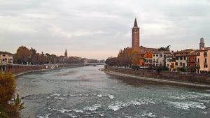 fiume, acqua, case, alberi, campanile, campanili, paesaggio, città, cielo, finestre, nuvole, panorama, rapide