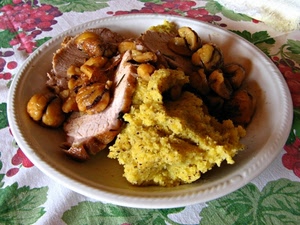 piatto, carne, polenta, tovaglia, cibo, castagne, arrosto