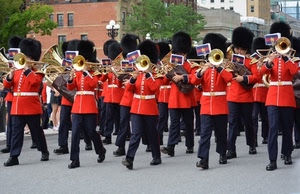 banda, rosso, trombe, ottoni, musicisti, alberi, cinture, nero, colbacchi, palazzi, divise, strumenti, verde, suonatori, guardie, strada, lampione, pantaloni, divisa, blu, colbacco, musica