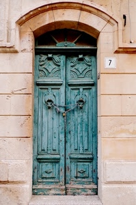 verde, catena, porta, portone, numero, sette, arco, lucchetto, legno