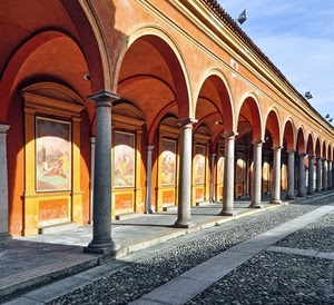 archi, colonne, portico, affreschi, cielo, porticato, ombre, dipinti, arancione, selciato, ombra, prospettiva