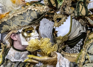 carnevale, maschere, oro, bianco, mano, venezia, cappello, maschera