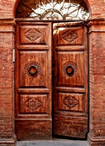 legno, porta, portone, batacchi, arco, mattoni, marrone, battenti